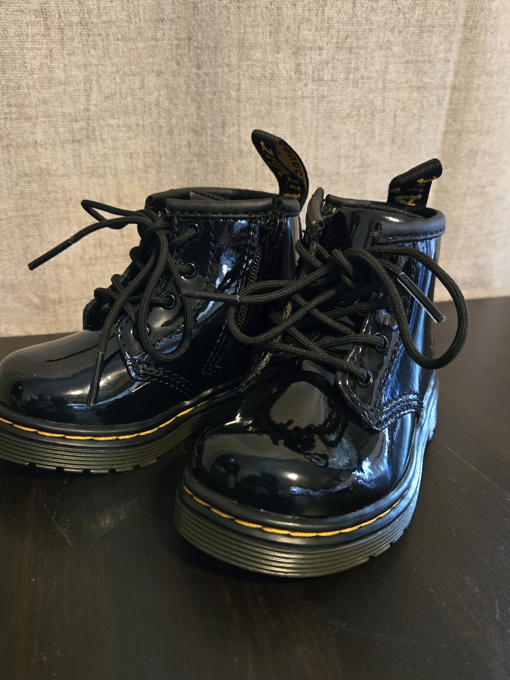 Dr. Martens Kids Black Patent 1460 Lace-Up Boots with Yellow Stitching